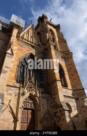 St. Martin Kirche in Colmar, Elsass, Frankreich. Gotische Architektur Wahrzeichen der Stadt aus dem Jahr 1365. Stockfoto