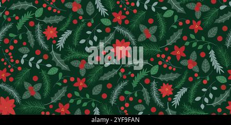 Nahtloses Weihnachtsmuster mit Weihnachtsstern, Blattzweigen, Tannenzweigen und Beeren. Grüner natürlicher festlicher Hintergrund. Traditioneller Druck Stock Vektor