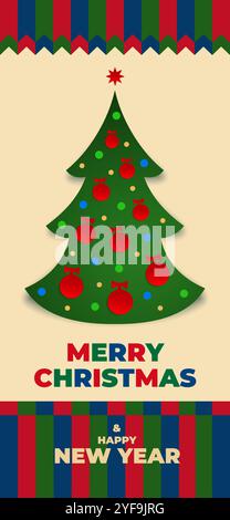 Frohe weihnachten und Happy New Year Grußkarte, Hintergrundbild. Weihnachtsbaum, Bälle. Kreatives Design für Postkarte, Einladung, Grußkarte, Hintergrundbild Stock Vektor