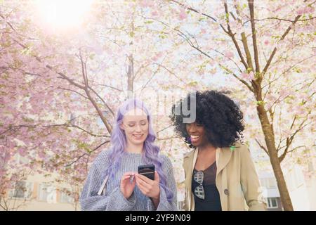 Glückliche Freundinnen, die ihr Smartphone benutzen, während sie am sonnigen Tag in der Nähe des Baumes stehen Stockfoto