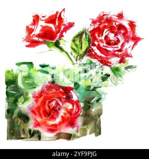 Rote Rosen mit grünen Blättern in Aquarell. Es ist handgezeichnet auf dem Kartenhintergrund in knallroten, scharlachroten Strichen. Die Rose Stockfoto