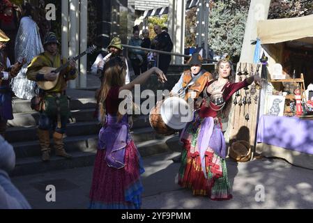 Logroño, La Rioja, Spanien. 3. November 2024. Mittelalterliche Straßenkünstler und Tänzer unterhalten sich während des historischen Festivals mit Live-Musik. Stockfoto