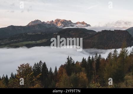 Die Erlebnisburg und Höhenburg Hohenwerfen im Salzachtal zwischen dem Tennengebirge, Hagengebirge und Hochkönig ragt aus der Wolkendecke, dem Morgennebel, zu Sonnenaufgang am 16.10.2024. // die Erlebnisburg Hohenwerfen und Hügelburg im Salzachtal zwischen Tennengebirge, Hagengebirge und Hochkönig erhebt sich bei Sonnenaufgang am 16. Oktober 2024 aus der Wolkendecke, dem Morgennebel. - 20241016 PD21071 Credit: APA-PictureDesk/Alamy Live News Stockfoto