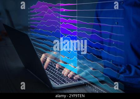 Big-Data-Analysetechnologie mit KI-Analysen für datengesteuerte Business Intelligence. Visualisierung und Einblicke mit der Berechnung von Statistiken für d Stockfoto