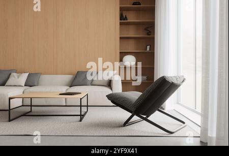 Ein minimalistisches Wohnzimmer, das natürliches Licht und stilvolle, neutrale Farbtöne maximiert Stockfoto