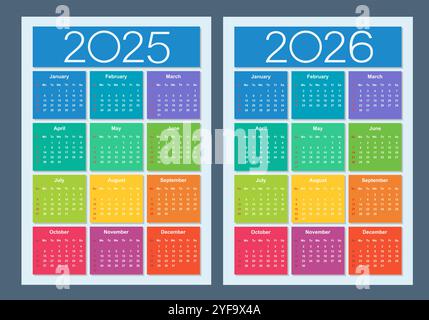 Farbenfroher Kalender für 2025 und 2026 Jahre. Die Woche beginnt am Sonntag. Isolierte Vektordarstellung. Stock Vektor