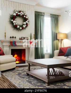 Gemütliches und gemütliches Urlaubs-Wohnzimmer mit Urlaubsdekor, Kamin und Komfort Stockfoto