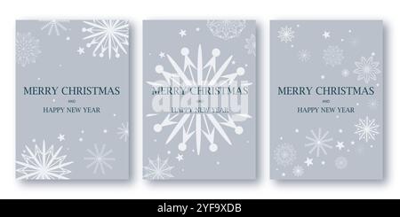 Set aus silbernen Karten mit Winterstimmung und „Merry Christmas“-Schriftzug und „Happy New Year“-Schriftzug. Drei einfache graue Vorlagen mit Schneeflocken. Vertikales Design Stock Vektor