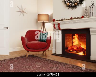 Gemütliches Wohnzimmer mit moderner Einrichtung und einem warmen und gemütlichen Kamin. Stockfoto