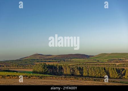 Gallows Hill mit seinen Funkmasten oberhalb von Dundee aus dem Carrot Hill nahe Forfar an einem klaren sonnigen Morgen im November. Stockfoto