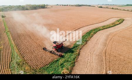 Mähdrescher Erntebohnen aus der Luftsicht Stockfoto