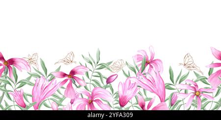 Pinke Magnolien, grüne Blätter und flatternde goldene Silhouette Schmetterlinge Aquarellbanner. Abstrakte Blumen Illustration Stockfoto