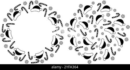 Santa Caps, Candy Stöcke und Schneeflocken Schwarzer und weißer runder Rahmen und dekorativer Hintergrund. Kopierbereich. Isolierte Vektor-Illustration Weihnachtsgrußkarte, Faltblatt, Banner, Etikett oder Webset Stock Vektor