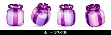 Set aus Geschenkboxen mit realistischem 3D-Rendering. Violette Geschenkbox mit grüner Schleife und Schleife. Geschenkbox in verschiedenen Winkeln. Vektorabbildung. Stock Vektor