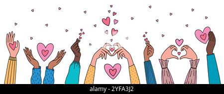 Hände hoch. Romantische Gesten. Pinke, süße Herzen. Wohltätigkeit und Liebe. Skizze Handflächen klatschen. Personengruppe. Zeichnung menschlicher Waffen. Helfen Sie und arbeiten Sie zusammen. Scribble Stock Vektor