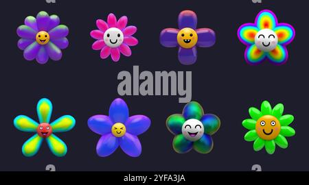 3D Blumen. Niedliche y2k-Aufkleber, Smile-Elemente aus Plastik. Verspielter Pastell-Baby-Pender, rosa Plastilin-Kunst. Dekorative isolierte Objekte. Kamillenemoji, Stock Vektor