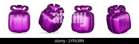 Set aus Geschenkboxen mit realistischem 3D-Rendering. Violette Geschenkbox mit grüner Schleife und Schleife. Geschenkbox in verschiedenen Winkeln. Vektorabbildung. Stock Vektor