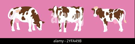 Süße Kuh. Nutzvieh, Milchmilchkritzelei, Kälbercharakter. Glücklicher Farbkopf, lustiges Landwirtschaftstier, handgezeichnetes zeitgenössisches Säugetier. Vektor flach Stock Vektor