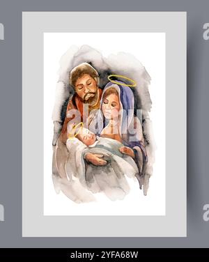 Die Geburt Jesu Christi mit Jungfrau Maria, die das Baby hält, steht neben dem Mann auf einem Poster. Aquarellgrafik Stock Vektor