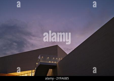 Blick auf die Winkel der Pavillons der modernen Kunstgalerie von Sydney vor einem violetten und blauen Abendhimmel Stockfoto