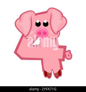 Cartoon Nummer 4 wie rosa Schwein, Figur vier. Zeichentrick der Zahl mit einem Tierkonzept. Kalligrafie, Schriftzüge, Typografie für Ihre Bildungskarten oder Stock Vektor