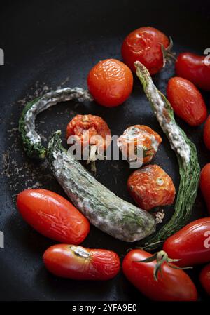 Schimmelige und zerknitterte faule Tomaten und Gurken. Ungesundes, verwesendes, verdorbenes Gemüse. Müllhalde, verdorbenes Essen auf schwarzem Hintergrund. Draufsicht. C Stockfoto
