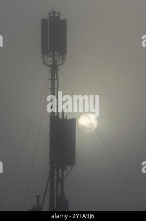 Kommunikationsturm auf einem Gebäude mit 4G 5G Antenne bei Sonnenaufgang im Nebel. Mobilfunknetz Stockfoto