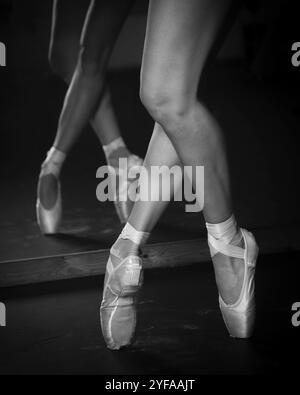 Schöne Beine von jungen Ballerina mit spitzenschuhen tanzen auf einem schwarzen Boden Hintergrund. Ballettübung. Schöne schlanke anmutige Füße des Balletttanzes Stockfoto