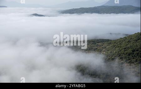 Berggipfel, bedeckt mit einer Schicht Nebel und Nebel bei Sonnenaufgang. Naturlandschaft. Epirus Griechenland Stockfoto