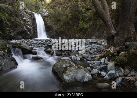 Wunderschöner Wasserfall mit Steinen auf dem Boden im Herzen des Machairas Waldes in Troodos Bergen in Zypern Stockfoto