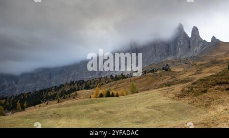 Atemberaubender Blick auf die Berggipfel von Langkofel oder Saslonch, Bergkette in den bei Sonnenaufgang in Südtirol nebelbedeckten dolden, Ita Stockfoto