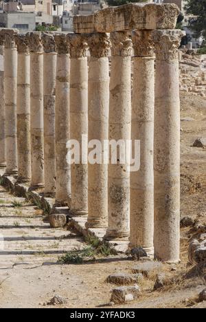 Antike Säulen aus Jerash-römischer Stadt in Jordanien. Cardo- oder Kolonnadenstraße Stockfoto