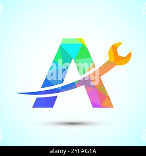 Grafisches Alphabet A mit Schraubenschlüssel. Logo für Mechanik, Technologie, Reparaturservice, Automobilbranche, Low Poly Style Stock Vektor