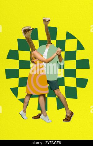 Vertikale Collage Bild von zwei Partnern Straußenkopf Umarmung Arme, die isoliert auf kreativem Zeichnen Limettenhintergrund tanzen Stockfoto