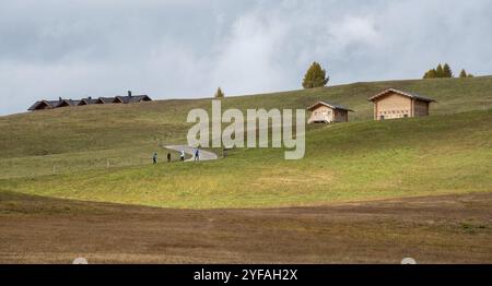 Windige Straßen-Chalet-Holzhäuser. Leute, die draußen wandern. Gesunder Lebensstil. Alpe di sisusi Seiser Alm Italien Stockfoto