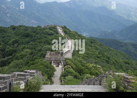 Mutianyu, Peking, China, 7. Juni 2018: Touristen wandern an der berühmten Chinesischen Mauer, eines der sieben Weltwunder in Mutianyu SEC Stockfoto