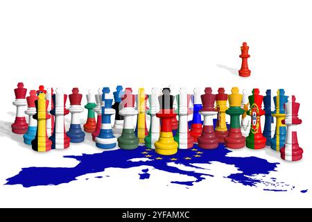 Schach aus EU-Mitgliedstaaten und China-Flaggen isoliert auf weißem Hintergrund mit der Flaggenkarte der Europäischen Union. Handelskrieg zwischen China und Europa. EU gefährlich d Stockfoto