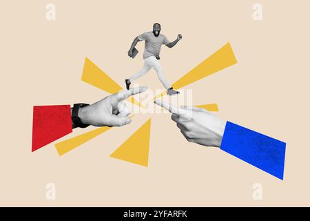 Collage 3D Pin up Pop Retro-Skizzenbild von zwei Fingern, die auf den Running Guy zeigen Stockfoto