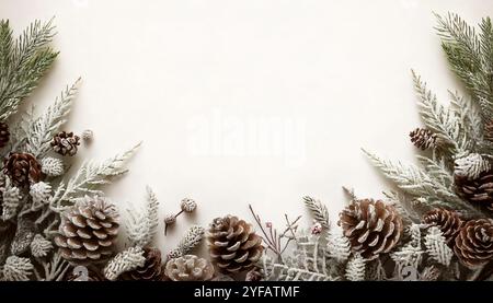 Festlicher Weihnachtsfeiertag Naturrahmen, Anordnung von verschneiten Tannenzweigen, natürlichen Tannenzapfen, vor weißem Hintergrund, Hintergrund mit Blick von oben Stockfoto