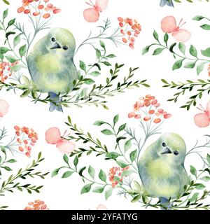 Grüne gelbe kleine Vögel rund in floralen Elementen handgezeichnet Aquarell nahtloses Muster isoliert. Entwerfe Heimtextilien mit Schmetterling, Birdie und Stockfoto