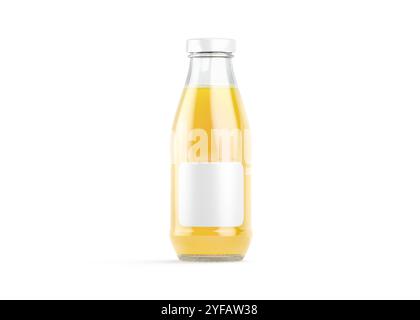 Leere transparente Ananassaftflasche aus Glas mit weißem Etikett, 3D-Rendering. Leeres Entgiftungs-Bio-Kieferngetränk in ja Mock Up, isoliert, vorne VI Stockfoto