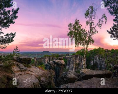 Blick auf die Basteibrücke und die Felsformationen „kleine Gans“ und „Wehlnadel“ der Sächsischen Schweiz bei Sonnenuntergang Stockfoto