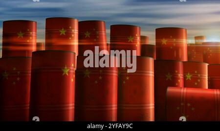 China-Öl-Rohöl-Brennstofffässer in Row-Konzept. Chinesisches Benzingeschäft und Industriecontainer für die Kraftstoffförderung 3D-Abbildung. Stockfoto