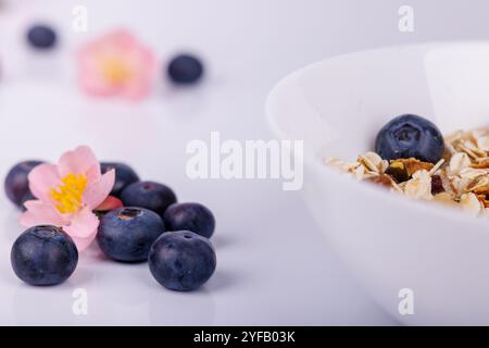 Eine Schüssel mit Müsli gefüllt mit Heidelbeeren, mit mehr verstreut auf weißem Hintergrund, die ein frisches, gesundes Frühstück aus nächster Nähe zeigt Stockfoto