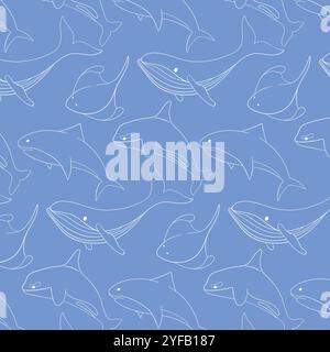 Nahtloses Muster mit umrissener Illustration von Meerestieren, einschließlich Wal, Hai, Orca und Mantarochen auf blauem Hintergrund. Perfekt für den Ozean Stock Vektor