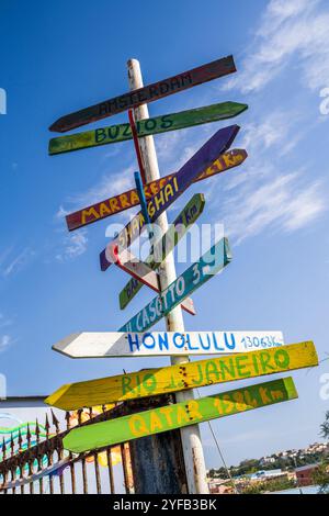 Farbenfrohes hölzernes Schild mit den Namen internationaler Reiseziele und Entfernungen, Procida, Kampanien, Italien Stockfoto