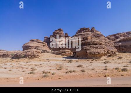 Felsformationen in Hegra (Mada'in Salih) nahe Al Ula, Saudi-Arabien Stockfoto