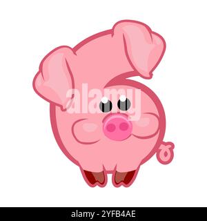 Cartoon Nummer 6 wie rosa Schwein, Figur sechs. Zeichentrick der Zahl mit einem Tierkonzept. Kalligrafie, Schriftzüge, Typografie für Ihre Bildungskarten oder Stock Vektor