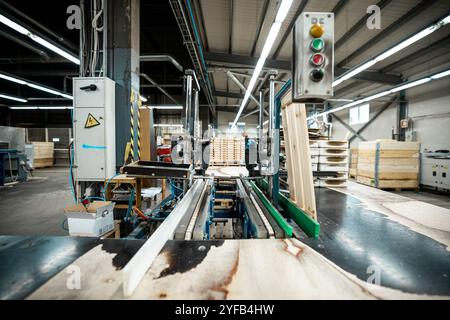 Eine große Holzbearbeitungsfabrik mit Stapeln frisch geschnittener Holzplatten, die für die Verarbeitung bereit sind und industrielle Effizienz und Präzision in einer guten Hand zeigen Stockfoto