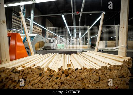 Eine große Holzbearbeitungsfabrik mit Stapeln frisch geschnittener Holzplatten, die für die Verarbeitung bereit sind und industrielle Effizienz und Präzision in einer guten Hand zeigen Stockfoto